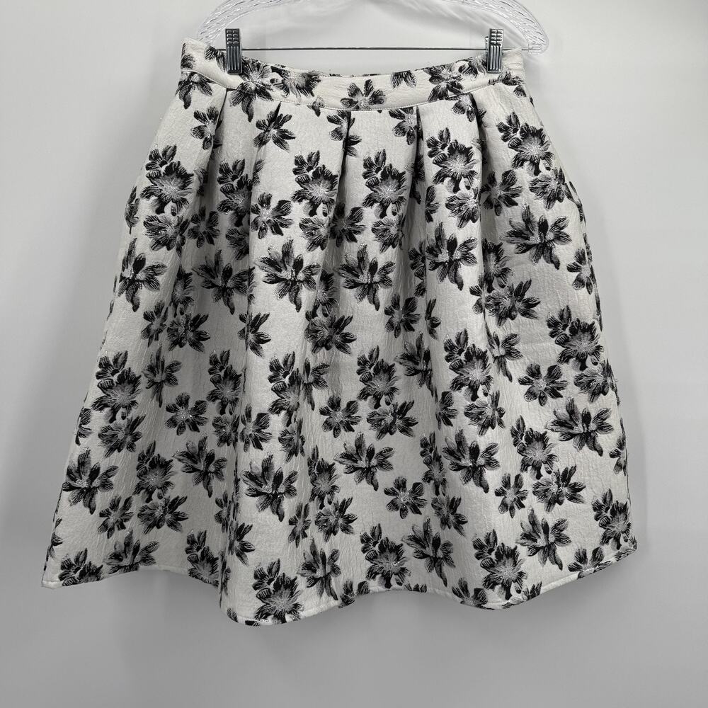 COMME USA Skirt‎ Womens Large White Black Floral Jacquard Pleated A-Line Lined